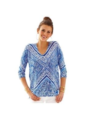 Lilly Pulitzer Jameson Sweater - Blue and White Multi-Print V-Neck Top XS/S